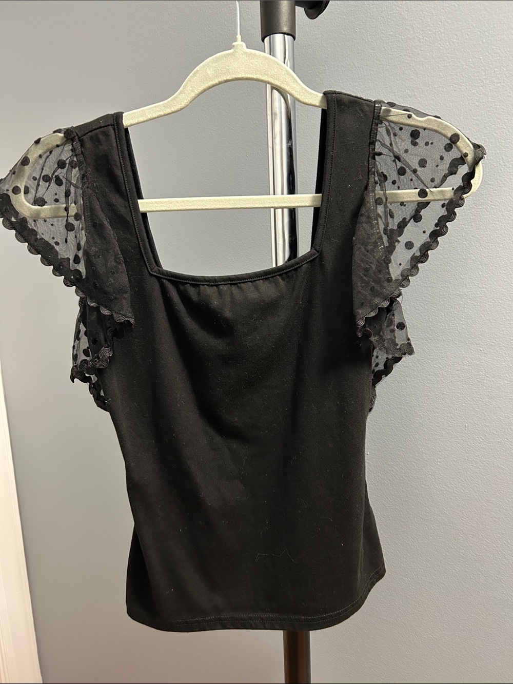 Black Mesh Flutter Sleeve Top, XS, (longer crop top)